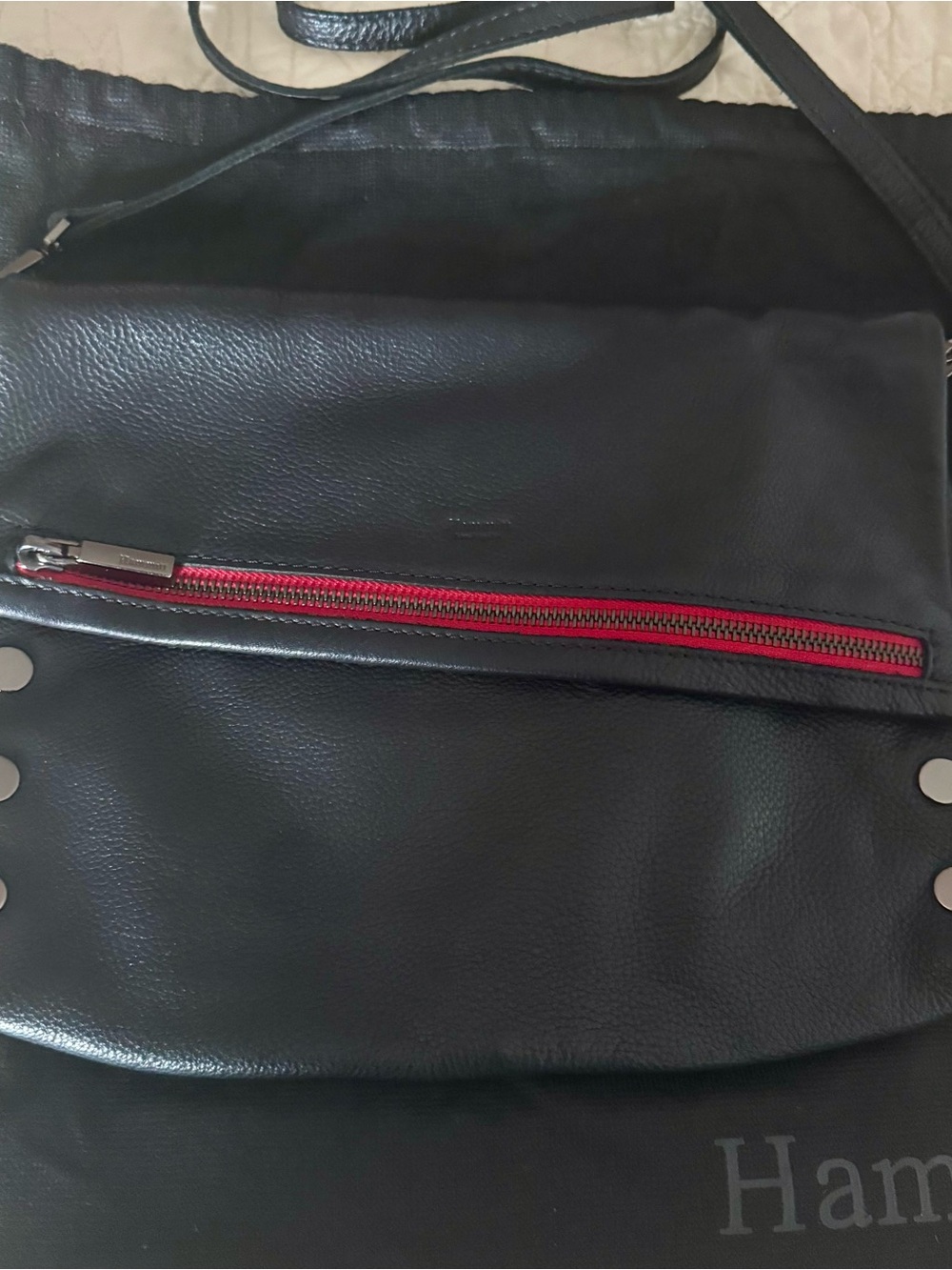 Discontinued Hanmitt Large VIP Black Convertible Crossbody Clutch GUNMETAL Trim